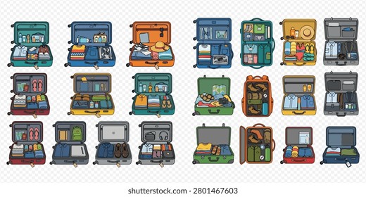 A collection of various open suitcases and backpacks, each filled with different items like clothing, toiletries, and travel essentials, ready for a journey.