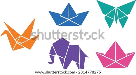 A collection of various origami paper figures including birds, animals, and boats in colors.