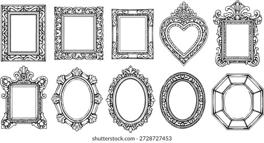 A collection of various ornate vintage frames, hand-drawn in a sketch style, featuring different shapes and intricate decorative details, ideal for design elements.