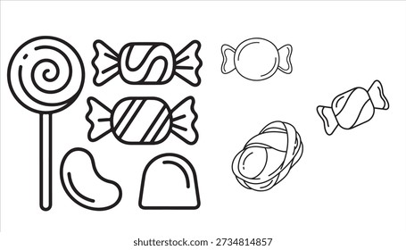 A collection of various outline illustrations depicting different types of candies, including lollipops, wrapped sweets, jelly beans, and gumdrops, presented in a simple black and white style.
