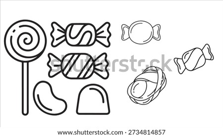 A collection of various outline illustrations depicting different types of candies, including lollipops, wrapped sweets, jelly beans, and gumdrops, presented in a simple black and white style.