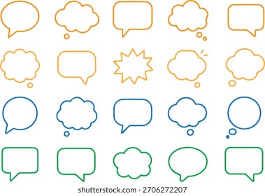 Collection of various outline speech bubble and thought cloud shapes for conversation and communication design elements, isolated on white background