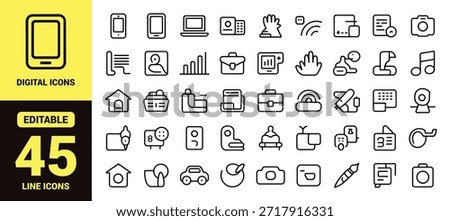 Collection of various outlined digital icons representing technology home and everyday objects