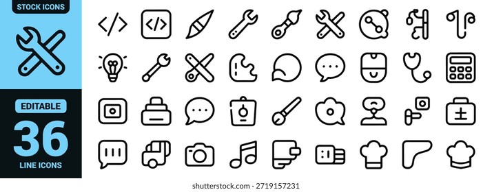 Una colección de varios iconos delineados que representan herramientas de creatividad tecnológica y objetos cotidianos en un diseño de cuadrícula