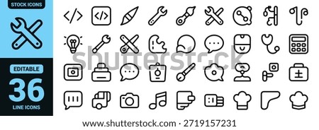 A collection of various outlined icons representing technology creativity tools and everyday objects in a grid layout