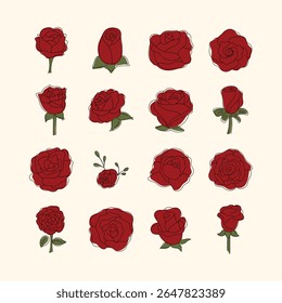 Collection of various outlined red rose illustrations, showcasing different rose bud and bloom stages, with accompanying green leaf accents, all set against a plain background.