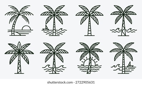 Coleção de várias ilustrações da arte da linha da palmeira com diferentes desenhos e árvores do cenário e folhas