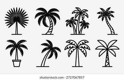 Colección de varias siluetas de palmeras en diferentes estilos