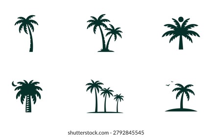 Collection of various palm trees ilhouetteson white background