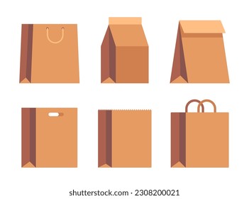 Colección de varias bolsas de papel con asas. Paquete kraft realista. Ilustración del vector