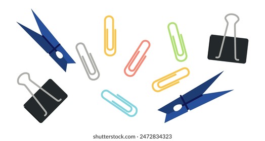Kollektion von verschiedenen Papier-Clips auf weißem Hintergrund, Schulzubehör Vektorillustration.	