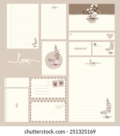 Collection of various paper designs (paper sheets, lined paper, note paper, postcard and envelope)