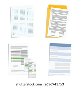 Collection of various paper documents, including checklists, receipts, payment slips, contracts and test forms. Isolated on white background. Paperwork concept. Vector illustration