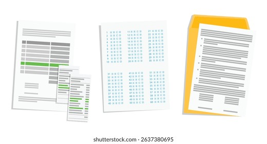 Collection of various paper documents, including checklists, receipts, payment slips, contracts and test forms. Isolated on white background. Paperwork concept. Vector illustration