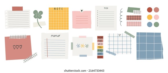Collection of various paper notes. Blank paper notes for  to-do list, planner, memories. Stickers and assorted pieces of scotch tape. Vector hand drawn illustration. All elements are isolated.