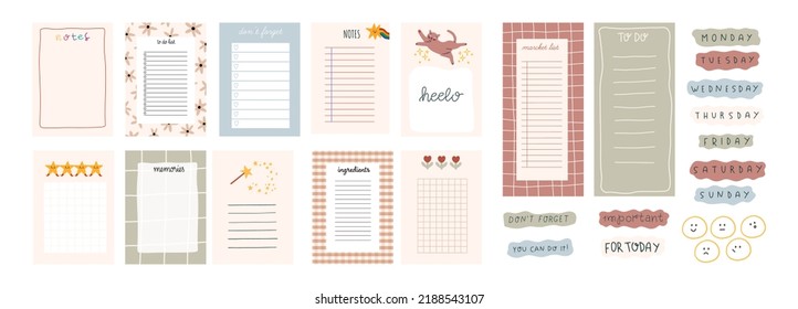 Colección de varias notas en papel. Notas en papel en blanco para la lista de tareas pendientes, planificador, recuerdos, recetas y varios stickers. Ilustración dibujada a mano por vectores. Todos los elementos están aislados.