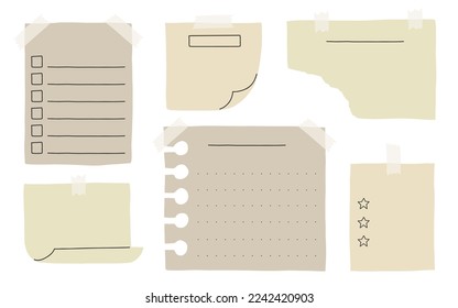 Collection of various paper notes. Blank paper notes for to-do list, planner, memories. Stickers and assorted pieces of scotch tape. Vector planner template.