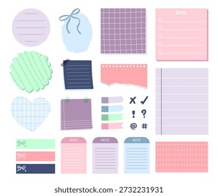 Collection of various paper notes. Blank paper notes for to-do list, planner, memories. Stickers and assorted pieces of scotch tape.