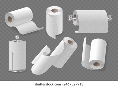 Colección De Varias Toallas De Papel Y Soportes Aislados Sobre Fondo Transparente. Rollos de toalla de papel de Vector 3d realistas