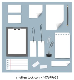 Collection of various papers (paper sheets, lined paper, note paper, price tag, name card), ready for your message. Vector illustration.