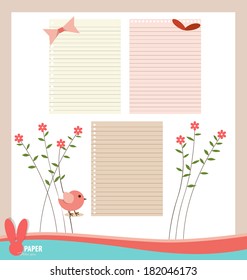 Collection of various papers with pink flower, ribbon and bird, ready for your message. Vector illustration.