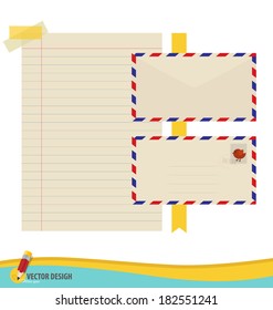 Collection of various papers, ready for your message. Vector illustration set: envelope, stamp, tape, ribbon and blank paper designs.