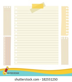 Colección de varios documentos, listos para su mensaje. Conjunto de ilustraciones vectoriales: diseños de cinta y papel en blanco.