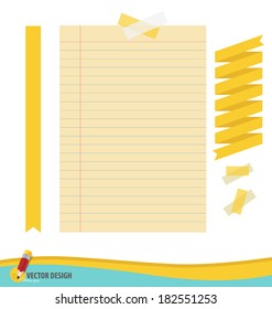 Collection of various papers, ready for your message. Vector illustration set: ribbon, tape and blank paper designs.