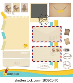 Collection of various papers, ready for your message. Vector illustration set: envelope, stamp, tape, ribbon and blank paper designs.