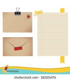 Colección de varios documentos, listos para su mensaje. Conjunto de ilustraciones vectoriales: sobre, estampado, cinta, cinta y diseños de papel en blanco.
