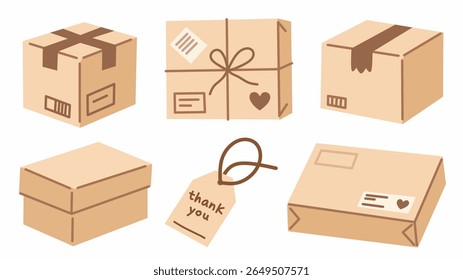 Collection of various parcel and delivery gift boxes with thank you tag. Perfect for packaging design, e-commerce visuals, or shipping-related graphics.