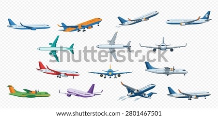 A collection of various passenger airplanes and jets in different poses, showcasing modern air travel and aviation.