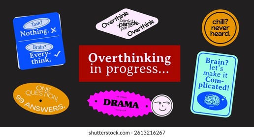 Collection of various patches, introvert sticker pack, overthink pacth, bracelet stamps in retro style. Stickers in funky hipster style in 90s style. Vector set, trendy badge.