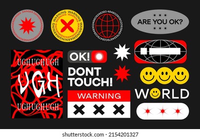 Collection of various patches, labels, tags, stickers, stamps. danger, warning in acid style. Vector set, trendy promo labels
