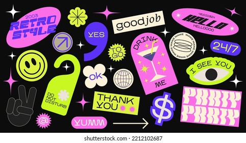 Collection of various patches, labels, tags, stickers, stamps for shopping and packaging. discounts, new collection. Vector set, trendy promo labels - Shutterstock ID 2212102687