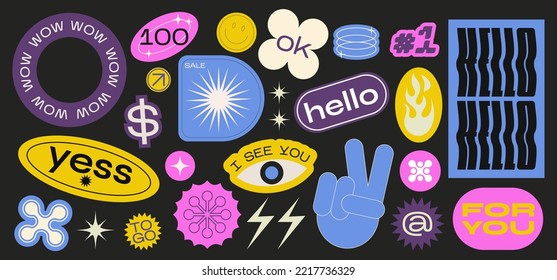 Collection of various patches, labels, tags, stickers, stamps for shopping and packaging. discounts, new collection. Vector set, trendy promo labels - Shutterstock ID 2217736329