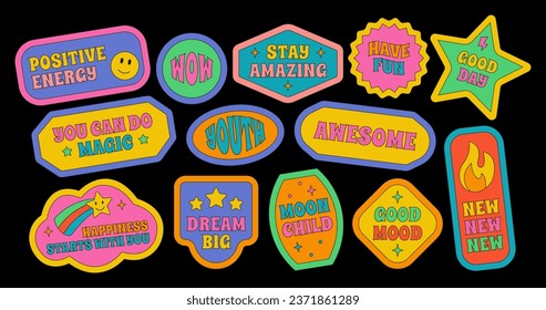 Collection of various patches, labels, tags, stickers, stamps, new collection. Vector set, trendy promo labels. Cool trendy retro stickers groovy, cartoon comic label patches. y2k , 90s graphic design