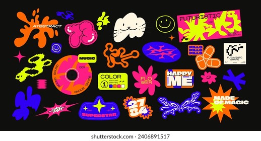 Collection of various patches, labels, tags, stickers, stamps for shopping and packaging. discounts, new collection. Vector set, trendy promo cartoon labels