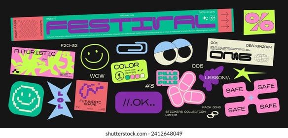 Collection of various patches, labels, tags, stickers, brands of bracelets for the festival. thanks, hi, yes. funky hipster retrowave stickers with 90s style. Vector set, trendy promo labels