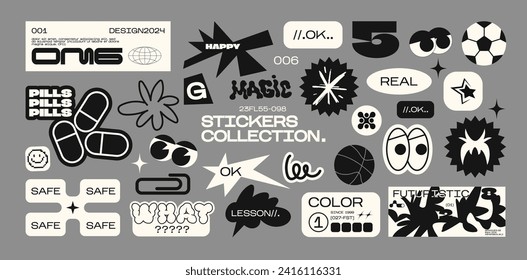 Collection of various patches, labels, tags, stickers, bracelet stamps in retro style. Stickers in funky hipster futuristic style in 90s style. Vector set, trendy promo labels