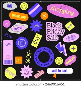 Collection of various patches, labels, tags, stickers, stamps for shopping and packaging. discounts, new collection. Vector set, trendy promo labels