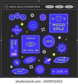 collection of various patches, labels, tags, stickers, stamps for shopping. sale, discounts, new collection. vector set, trendy promo labels, y2k, badge, sale, tag, design, sign, sticker, business