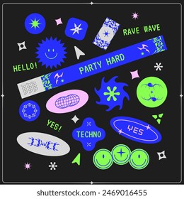 collection of various patches, labels, tags, stickers, brands of bracelets for the festival or rave. hello, rave, wave, yes. y2k, hipster techno wave stickers style. vector set, trendy promo labels