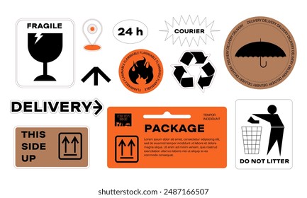 Collection of various patches, labels, tags, stickers, stamps, shipping, delivery, packaging. Funky hipster stickers in 90s style. Vector set, trendy promo labels.