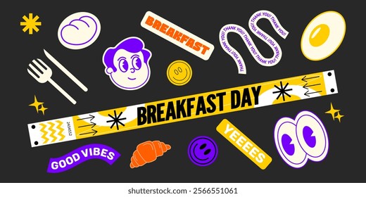collection of various patches, labels, tags, stickers, brands of bracelets for a breakfast and cafe. thank you,.Funky hipster stickers in 90s style. Vector set, trendy promo