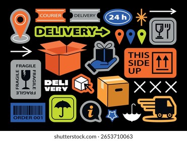 Coleção de vários patches, rótulos, etiquetas, adesivos, transporte, entrega, embalagem. Adesivos hipster funky no estilo dos anos 90. Conjunto de vetor, na moda promo etiquetas em estilo de desenho animado retro. Ilustrações planas.