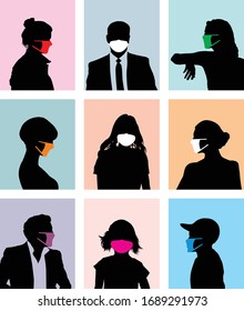 collection of various people avatars with masks against viruses