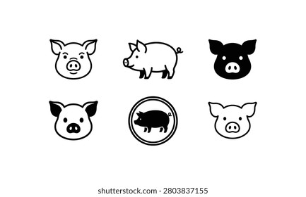 Collection of various pig icons for farm agriculture and livestock sector.