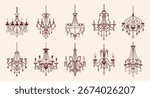 Collection of various pink chandeliers. Hand drawn illustration of antique crystal chandeliers. 