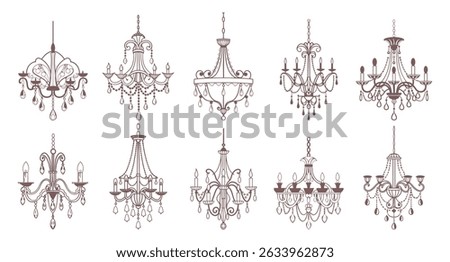 Collection of various pink chandeliers. Hand drawn illustration of antique crystal chandeliers. Sketch